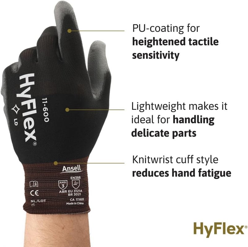 HyFlex Ansell 11-600 Medium Nylon Polyurethane Work Gloves - Pack of 12 Pairs - Image 2
